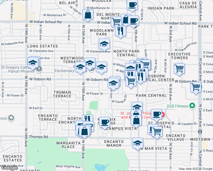 map of restaurants, bars, coffee shops, grocery stores, and more near 1103 West Osborn Road in Phoenix