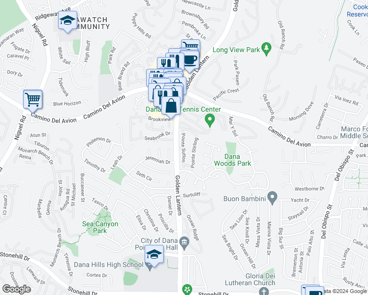 map of restaurants, bars, coffee shops, grocery stores, and more near 32701 Pointe Sutton in Dana Point