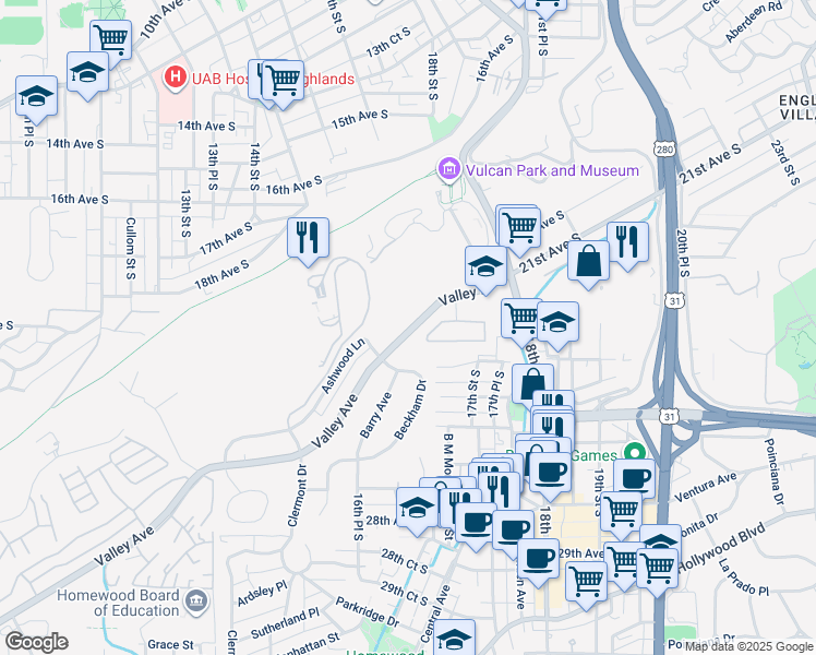 map of restaurants, bars, coffee shops, grocery stores, and more near 1702 Valley Avenue in Birmingham