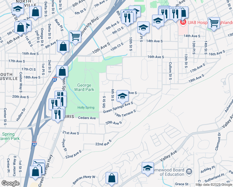 map of restaurants, bars, coffee shops, grocery stores, and more near 606 19th Avenue South in Birmingham