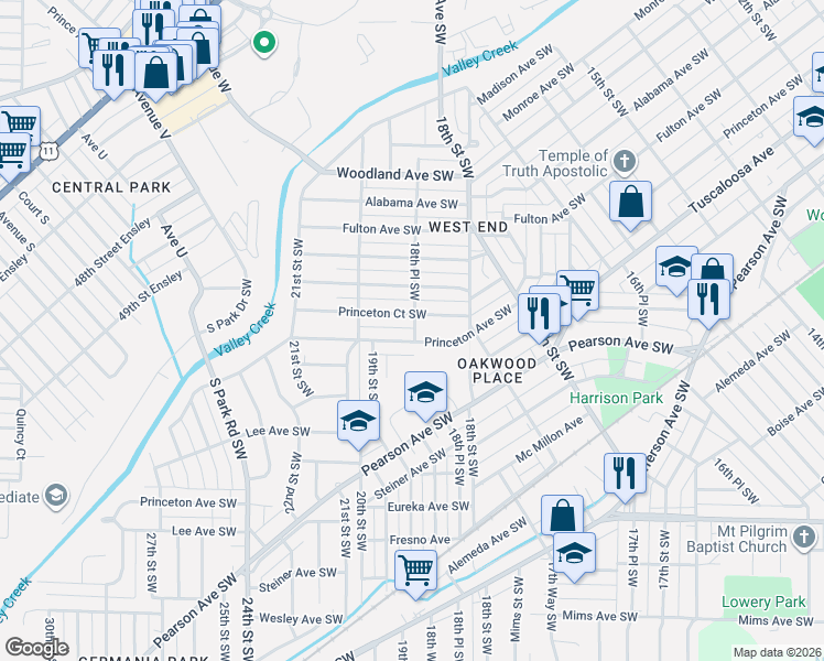 map of restaurants, bars, coffee shops, grocery stores, and more near 1849 Princeton Court Southwest in Birmingham