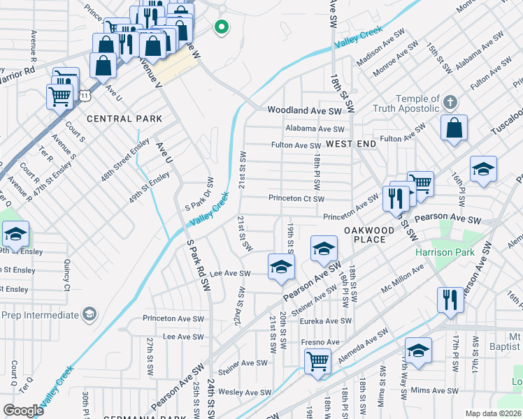 map of restaurants, bars, coffee shops, grocery stores, and more near 1919 Princeton Court Southwest in Birmingham