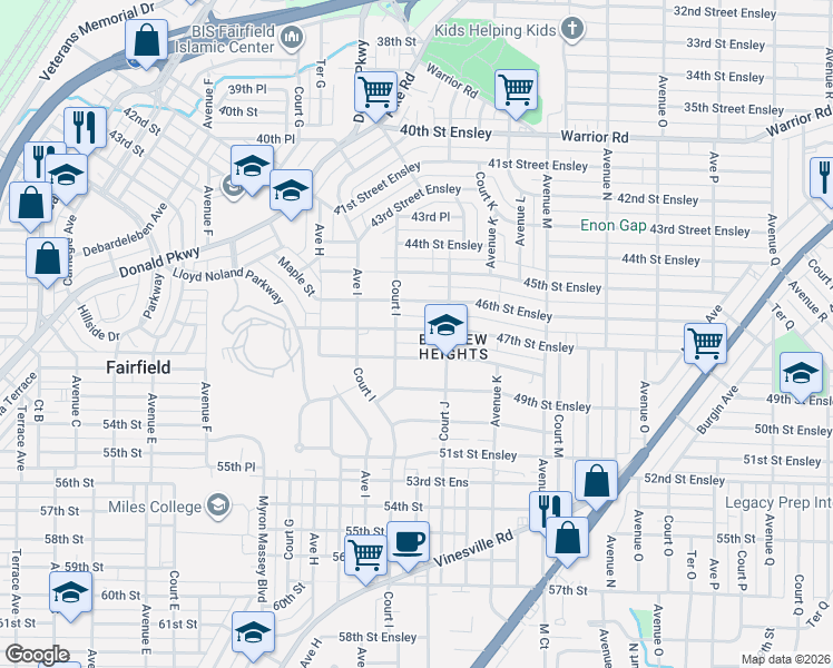 map of restaurants, bars, coffee shops, grocery stores, and more near 952 47th Street Ensley in Birmingham