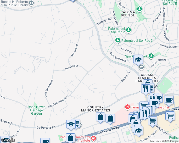 map of restaurants, bars, coffee shops, grocery stores, and more near 31333 Jedediah Smith Road in Temecula