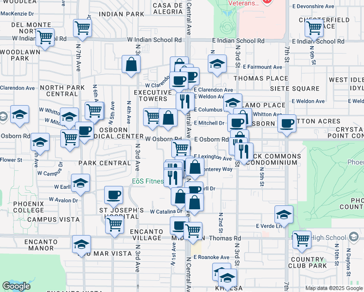 map of restaurants, bars, coffee shops, grocery stores, and more near North Central Avenue in Phoenix