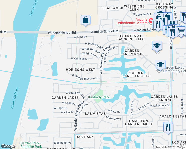 map of restaurants, bars, coffee shops, grocery stores, and more near 11317 West Emerald Lane in Avondale