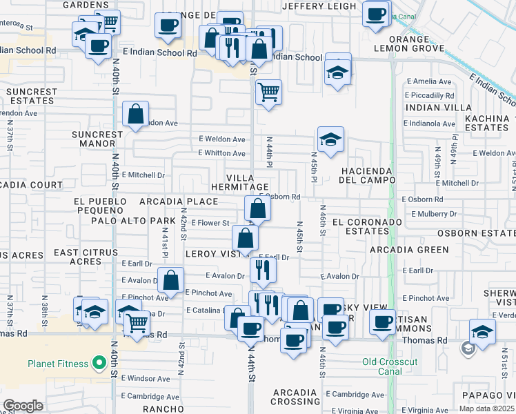 map of restaurants, bars, coffee shops, grocery stores, and more near 3311 North 44th Street in Phoenix