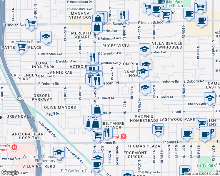 map of restaurants, bars, coffee shops, grocery stores, and more near 3339 North 25th Street in Phoenix