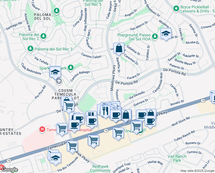 map of restaurants, bars, coffee shops, grocery stores, and more near 44070 Calle Allicante in Temecula