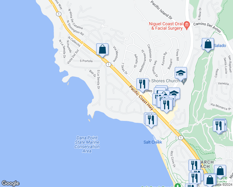 map of restaurants, bars, coffee shops, grocery stores, and more near 177 Monarch Bay Drive in Dana Point