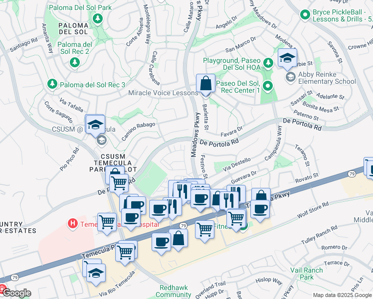 map of restaurants, bars, coffee shops, grocery stores, and more near 44070 Calle Allicante in Temecula