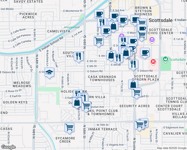map of restaurants, bars, coffee shops, grocery stores, and more near 6829 East Osborn Road in Scottsdale