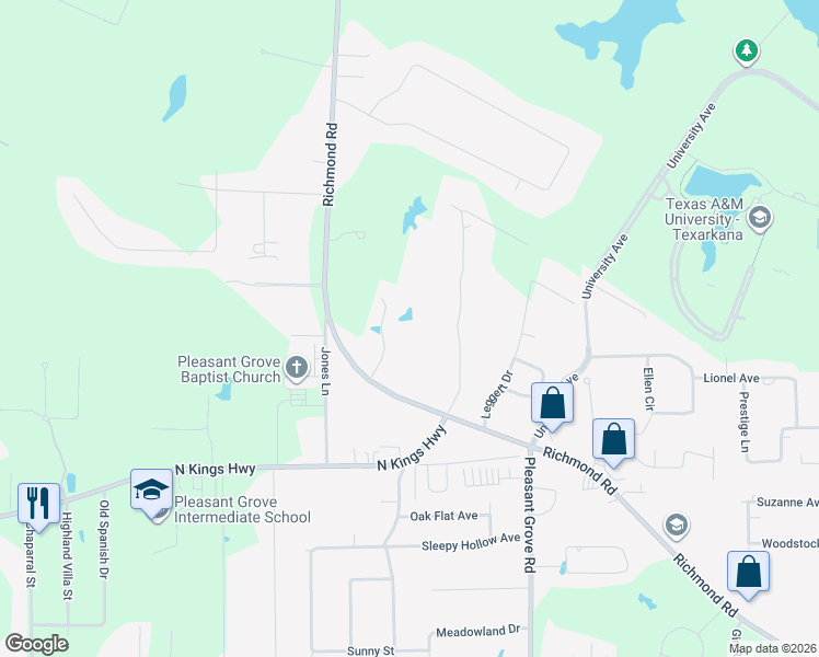 map of restaurants, bars, coffee shops, grocery stores, and more near 6704 Richmond Road in Texarkana
