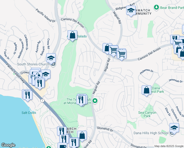 map of restaurants, bars, coffee shops, grocery stores, and more near 42 Corniche Drive in Dana Point
