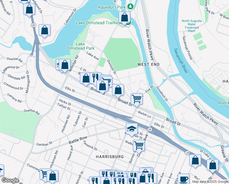 map of restaurants, bars, coffee shops, grocery stores, and more near 2011 Browns Lane in Augusta