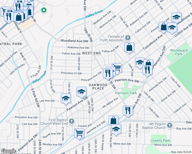 map of restaurants, bars, coffee shops, grocery stores, and more near 1737 Princeton Avenue Southwest in Birmingham