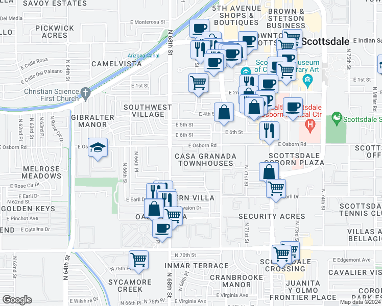 map of restaurants, bars, coffee shops, grocery stores, and more near 6829 East Osborn Road in Scottsdale