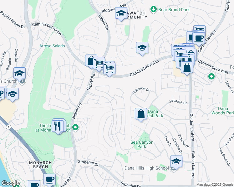 map of restaurants, bars, coffee shops, grocery stores, and more near 15 Imperatrice in Dana Point