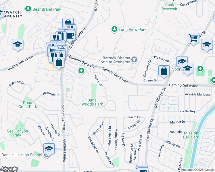 map of restaurants, bars, coffee shops, grocery stores, and more near 25151 Danapepper in Dana Point