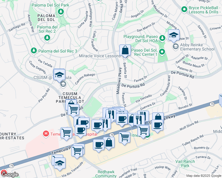 map of restaurants, bars, coffee shops, grocery stores, and more near 44046 Corriente Court in Temecula