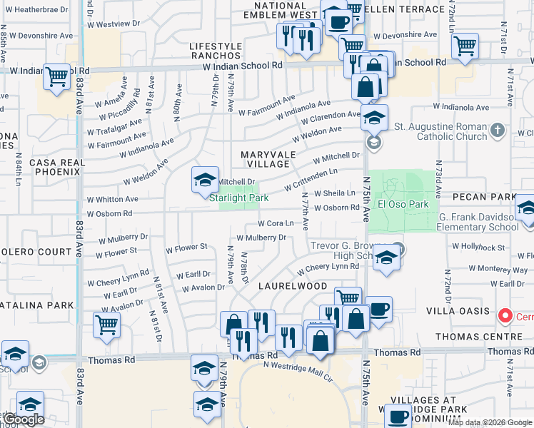 map of restaurants, bars, coffee shops, grocery stores, and more near 7754 West Osborn Road in Phoenix