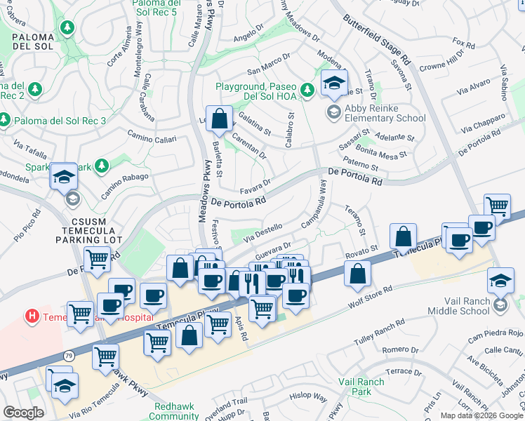 map of restaurants, bars, coffee shops, grocery stores, and more near 44065 Terraza Court in Temecula