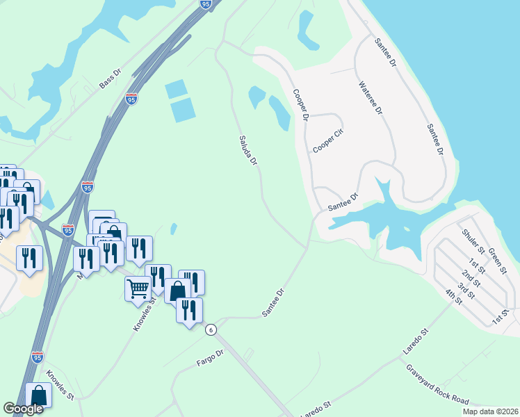 map of restaurants, bars, coffee shops, grocery stores, and more near 107 Saluda Drive in Santee