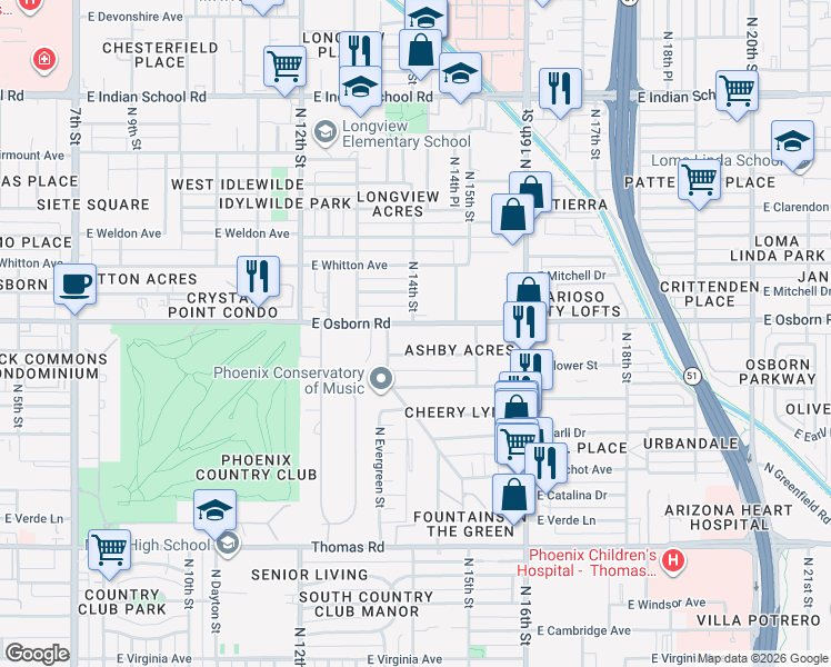 map of restaurants, bars, coffee shops, grocery stores, and more near 1414 East Osborn Road in Phoenix