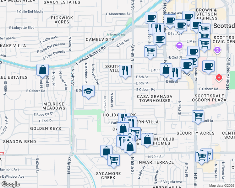 map of restaurants, bars, coffee shops, grocery stores, and more near 3332 North 67th Street in Scottsdale