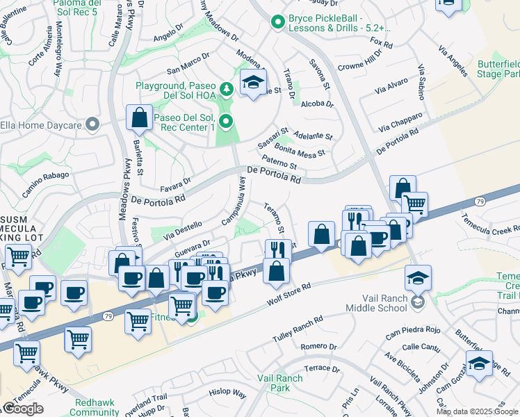 map of restaurants, bars, coffee shops, grocery stores, and more near 43062 Teramo Street in Temecula