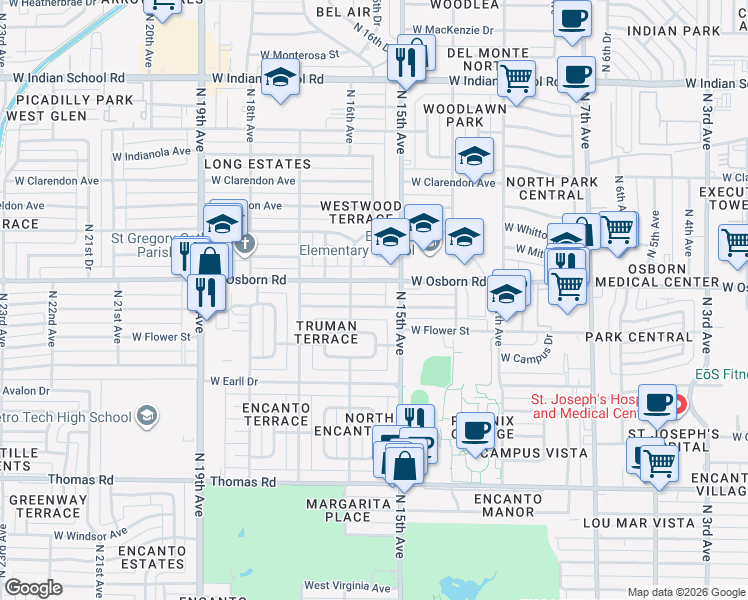 map of restaurants, bars, coffee shops, grocery stores, and more near in Phoenix