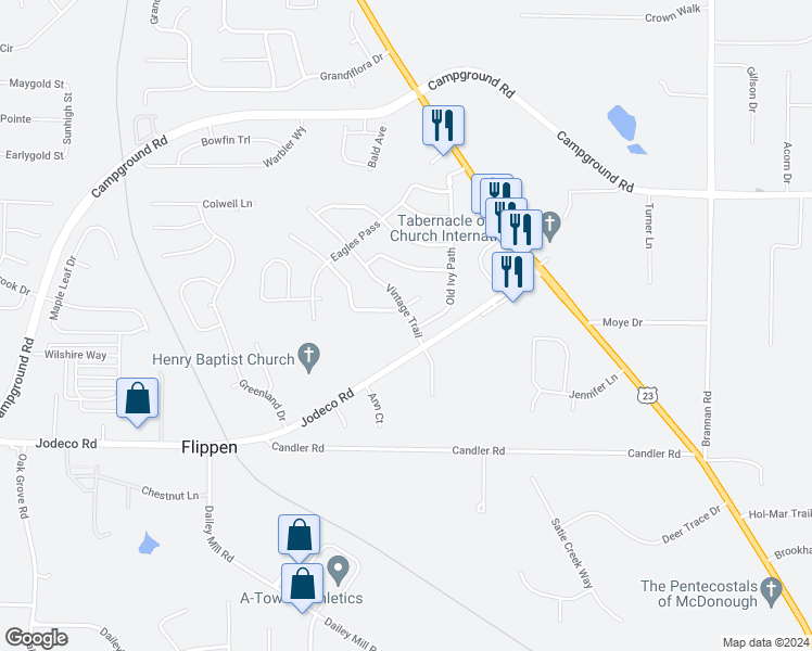 map of restaurants, bars, coffee shops, grocery stores, and more near 103 Vintage Trail in McDonough
