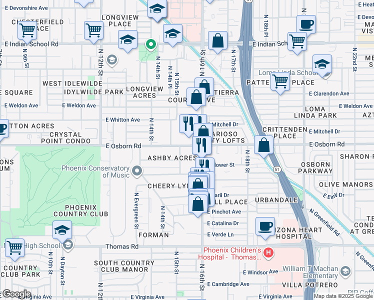 map of restaurants, bars, coffee shops, grocery stores, and more near 1570 East Osborn Road in Phoenix