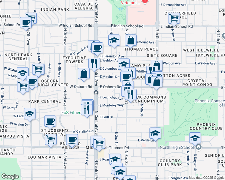 map of restaurants, bars, coffee shops, grocery stores, and more near 203 East Osborn Road in Phoenix