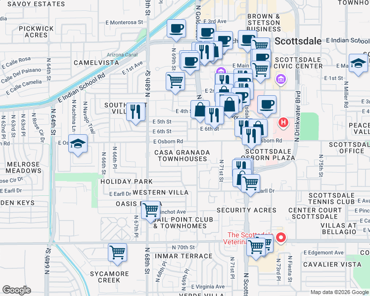 map of restaurants, bars, coffee shops, grocery stores, and more near 6925 East Osborn Road in Scottsdale