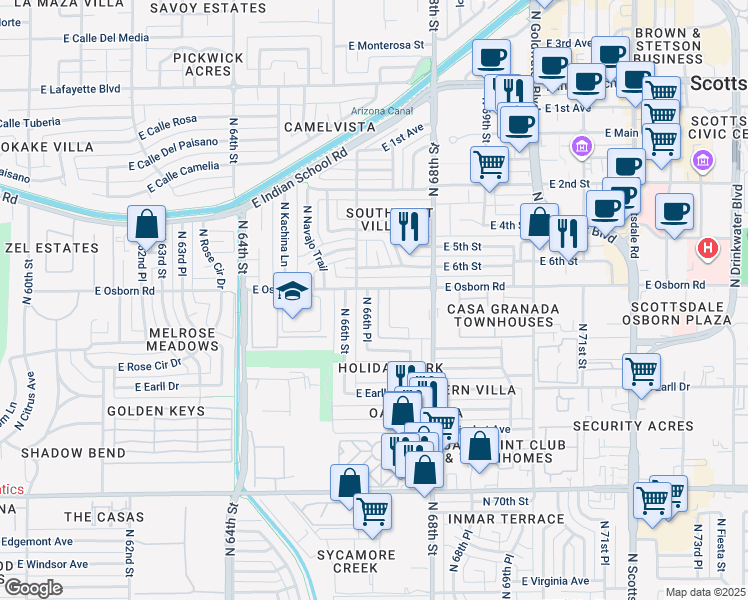 map of restaurants, bars, coffee shops, grocery stores, and more near 6616 East Osborn Road in Scottsdale