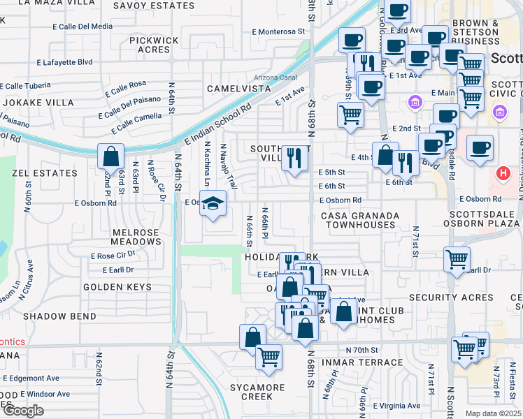 map of restaurants, bars, coffee shops, grocery stores, and more near 6616 East Osborn Road in Scottsdale