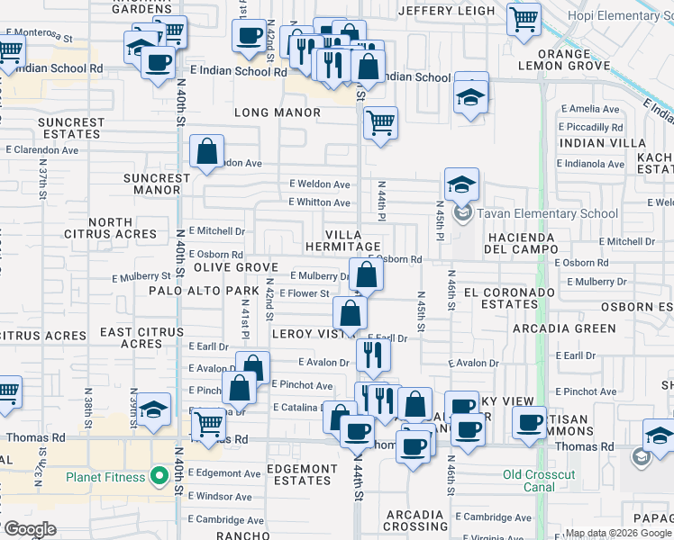 map of restaurants, bars, coffee shops, grocery stores, and more near 4311 East Osborn Road in Phoenix