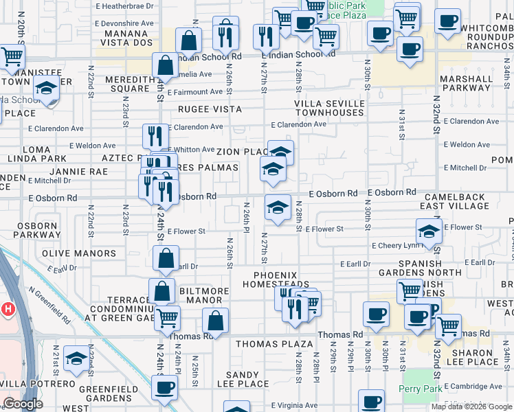 map of restaurants, bars, coffee shops, grocery stores, and more near 3239 North 26th Place in Phoenix