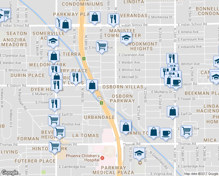 map of restaurants, bars, coffee shops, grocery stores, and more near in Phoenix