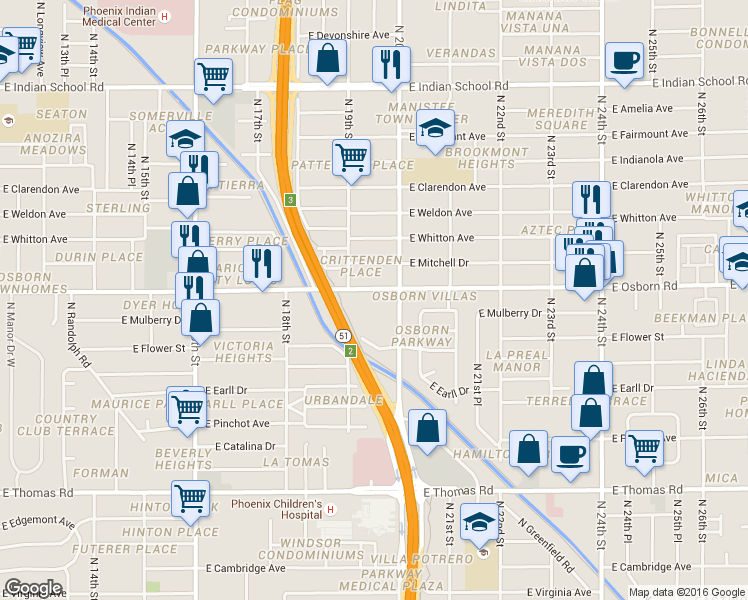 map of restaurants, bars, coffee shops, grocery stores, and more near in Phoenix