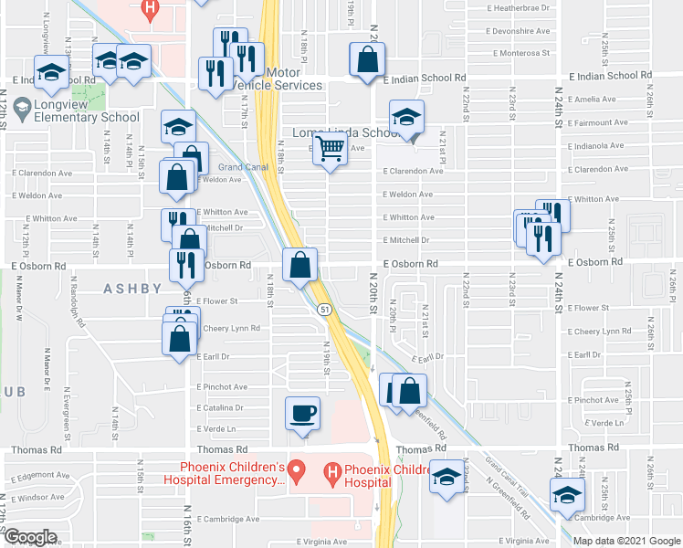 map of restaurants, bars, coffee shops, grocery stores, and more near in Phoenix