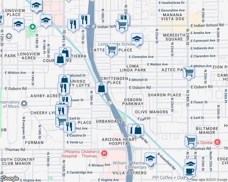 map of restaurants, bars, coffee shops, grocery stores, and more near in Phoenix