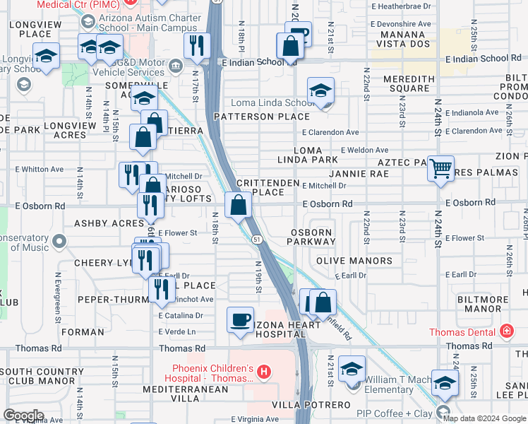 map of restaurants, bars, coffee shops, grocery stores, and more near in Phoenix