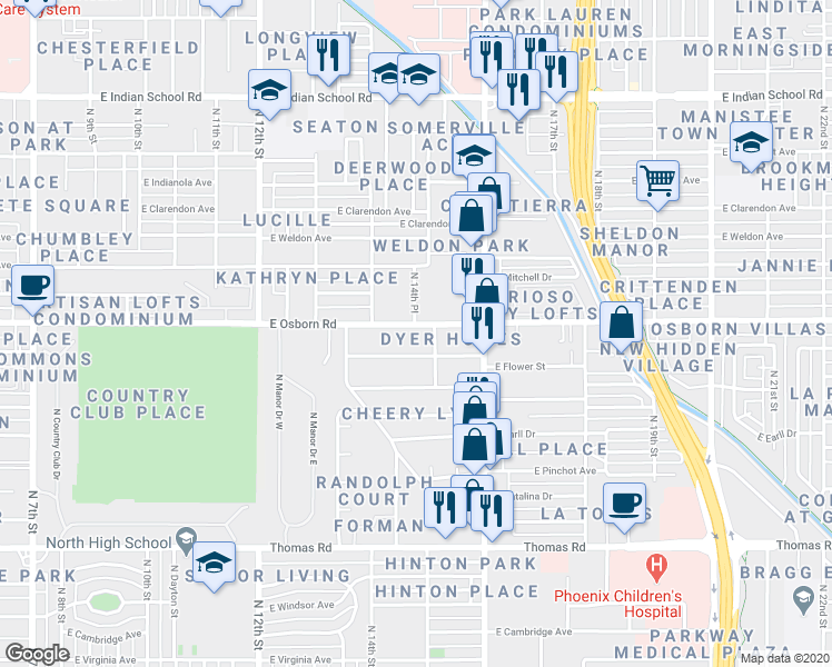 map of restaurants, bars, coffee shops, grocery stores, and more near 1432 East Osborn Road in Phoenix