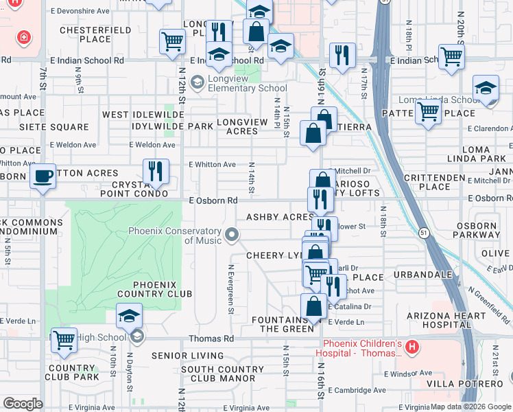 map of restaurants, bars, coffee shops, grocery stores, and more near 1414 East Osborn Road in Phoenix