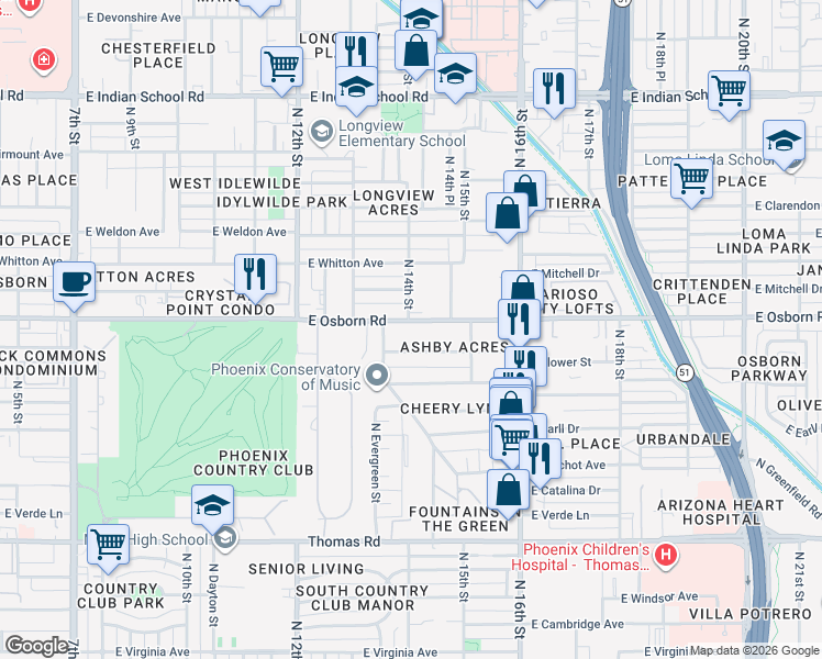 map of restaurants, bars, coffee shops, grocery stores, and more near 1414 East Osborn Road in Phoenix