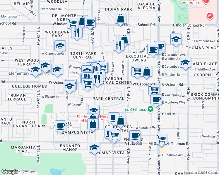 map of restaurants, bars, coffee shops, grocery stores, and more near 3355 North 6th Avenue in Phoenix
