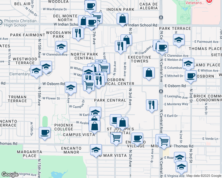 map of restaurants, bars, coffee shops, grocery stores, and more near 3355 North 6th Avenue in Phoenix