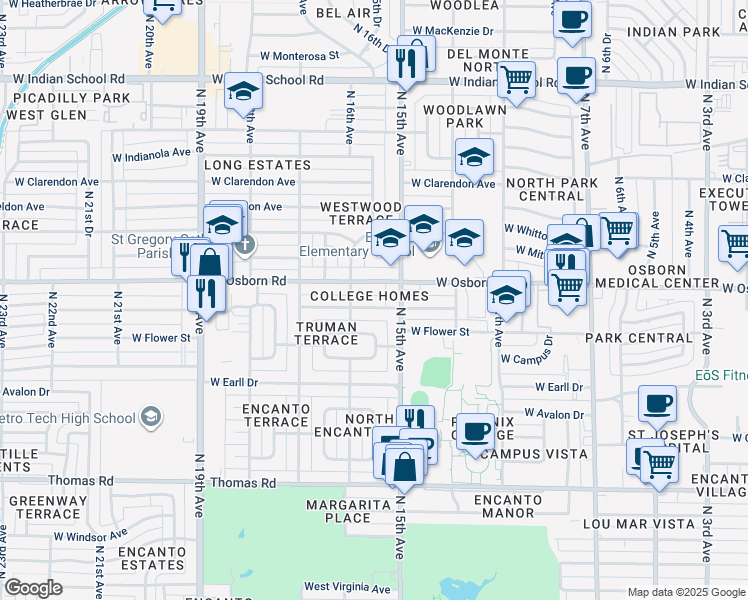 map of restaurants, bars, coffee shops, grocery stores, and more near in Phoenix